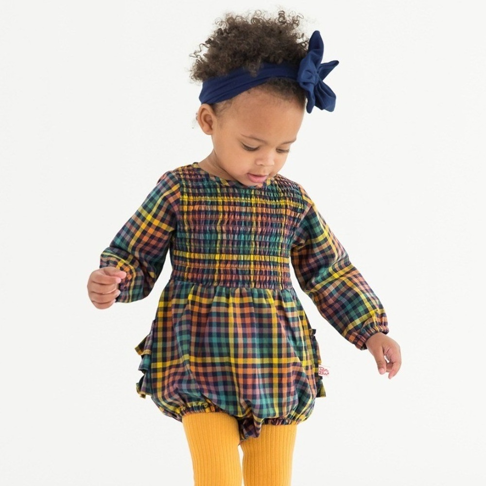 NEW Ruffle Butts Plaid Smocked Bubble‎ Romper Baby Girl 3-6 Months Long Sleeve